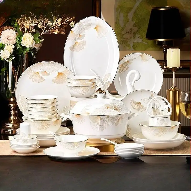Vajilla única estética, platos elegantes italianos de estilo europeo blanco, juegos de cena, juego de cena Vajilla Porcelana de diseñador de lujo