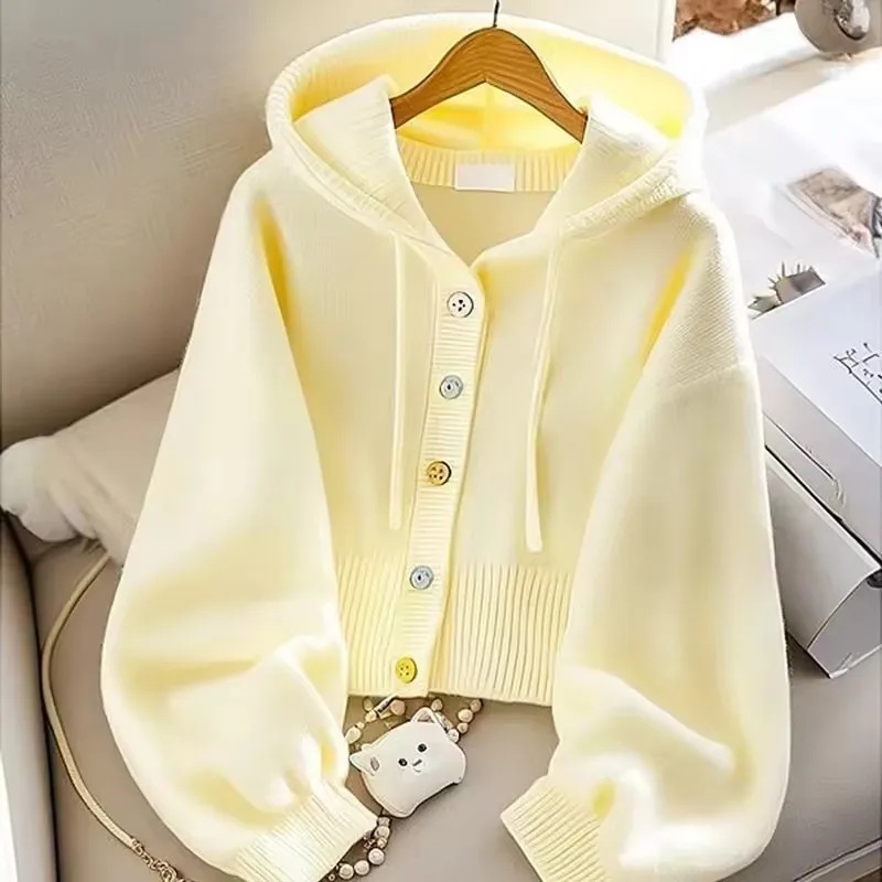 Moda com capuz camisola de malha feminina outono inverno novo cardigan amarelo brilhante topo solto chique senhora jumper coreano casual outwear