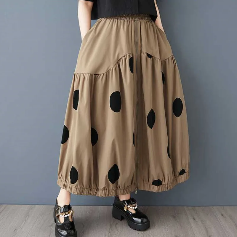 Spódnica damska HKSH na wiosnę i jesień, w kropki, z elastyczną talią, zapinana na zamek, plisowana, elegancka, szykowna, codzienna, oversize, model HK13769