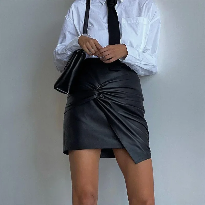 활 Pleated PU 가죽 여성 스커트 높은 허리 솔리드 여성 스커트 2025 패션 빈티지 불규칙한 라인 가을 레이디 Vestidos