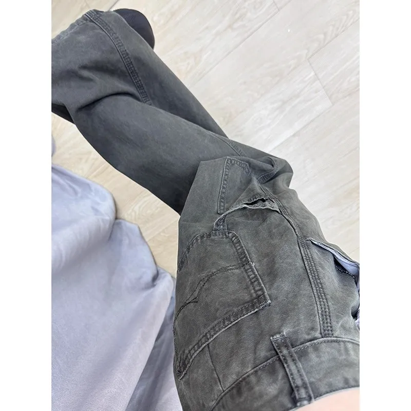 Y2K Military Green Work Pants Multi Pocket Summer Distressed Washed Denim Jeans American High Street Straight Cut