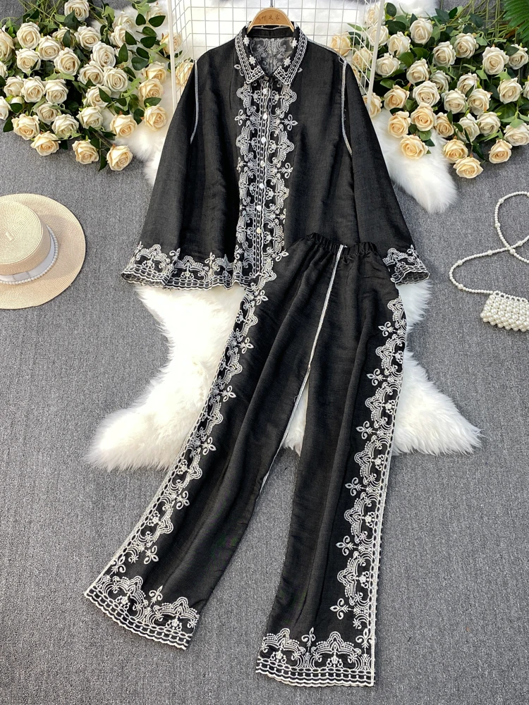 Retro Lady Flowers Embroidery Shirt Floral embroideried Blouse Cardigan Single Breasted OL Tops + High Waist Elastic Pants 2Pcs