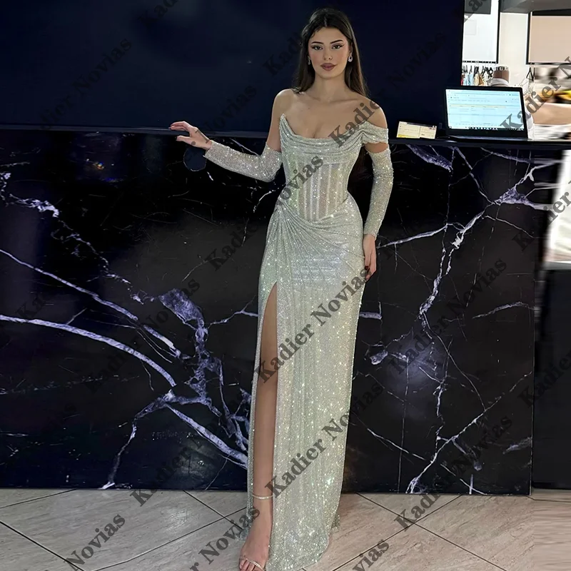 

Arabic Glitter Shiny Sheath Evening Dresses Beaded Customized Special Occasion Party Dress vestidos de fiesta elegantes