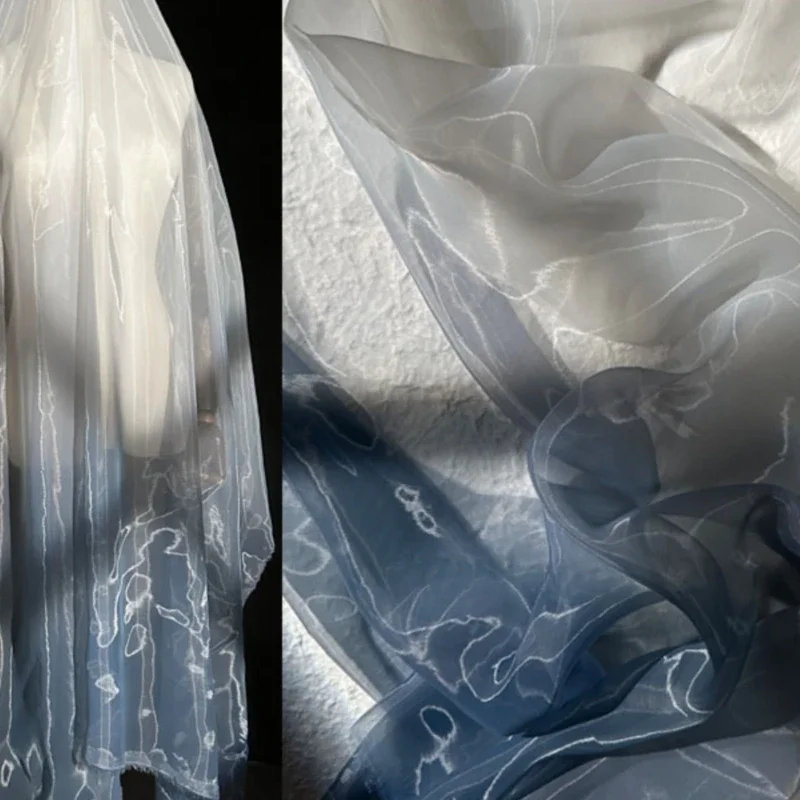 

Grey Blue Gradient Special Dense Organza Fabric Soft and Transparent Light and Airy Hanfu Big Sleeved Shirt Designer Fabric