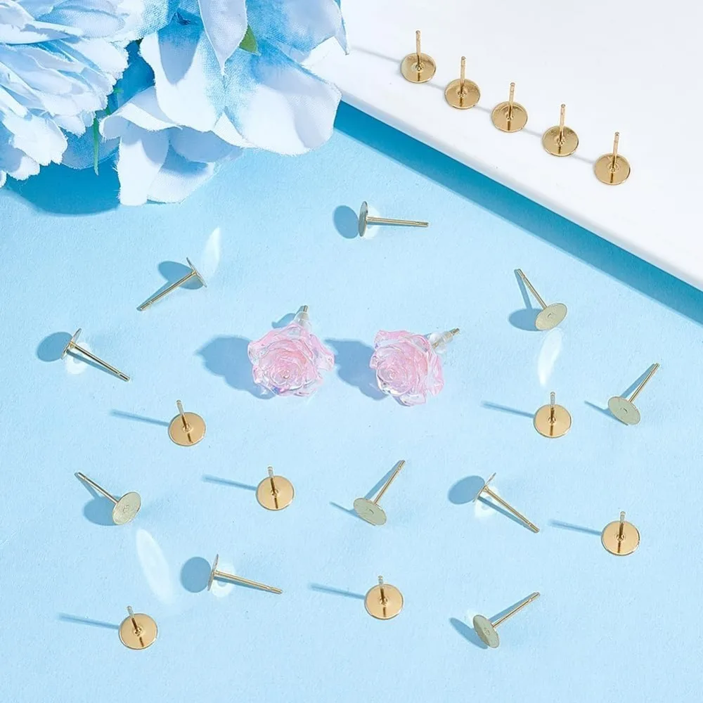 About 200Pcs 6mm Flat Pad Stud Earrings 24K Gold Plated Earrings Post Stainless Steel Stud Earring Findings Flat Round Blank