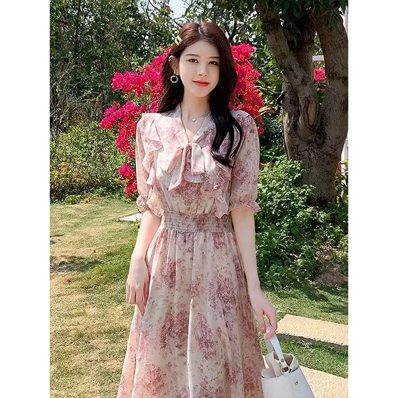 프랑스 여름 플로럴 랩 드레스 여성 우아한 A라인 미디 티 파티 생일 드레스 보헤미안 시크 빈티지 플로럴 프린트 페어리 프린세스