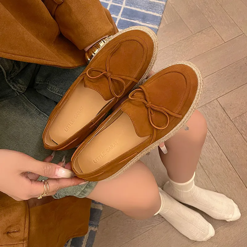 MKKHOU Fashion Pumps New High Quality Genuine Leather Shoes Bow Grass Weaving Thick soled Shoes High Heels Loafers Casual Shoes