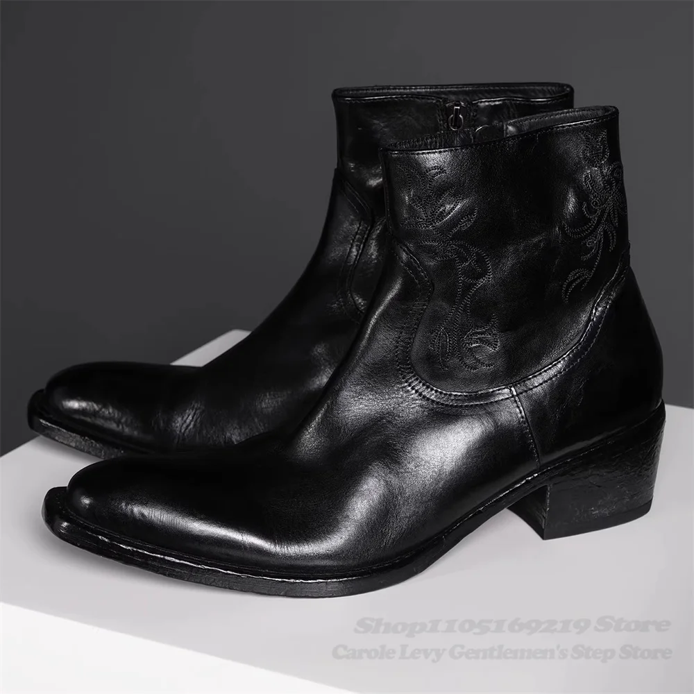 

Vintage Style Carved Embroidery Chelsea Boot Men Pointed Toe Winter New Thick Soled Slip On Handmade Derby Leather Shoes