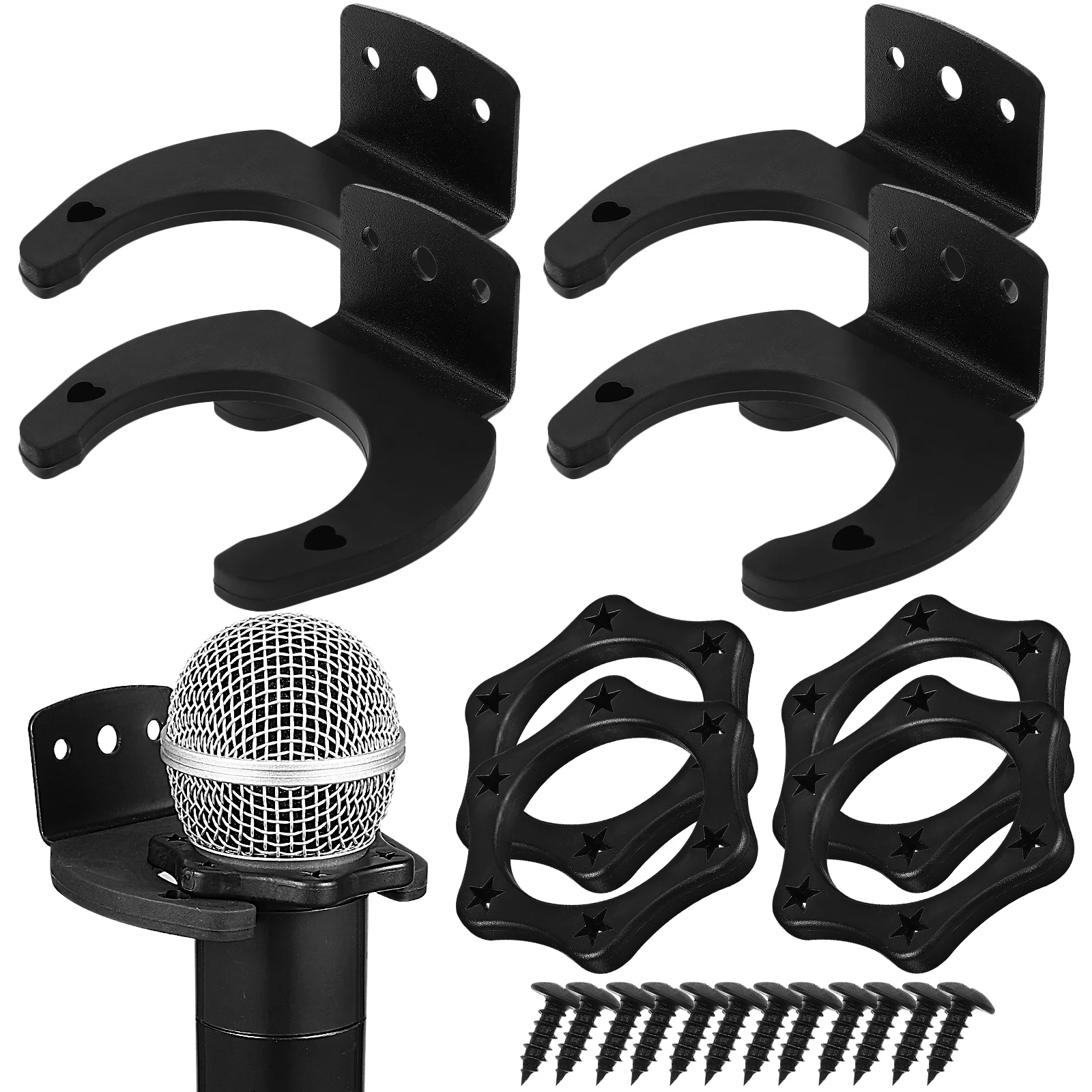 Black Silicone Microphone Hook Hanger + Hexagonal -slip Ring 4pcs Guard Holder for Stand Wall Mount Microphones