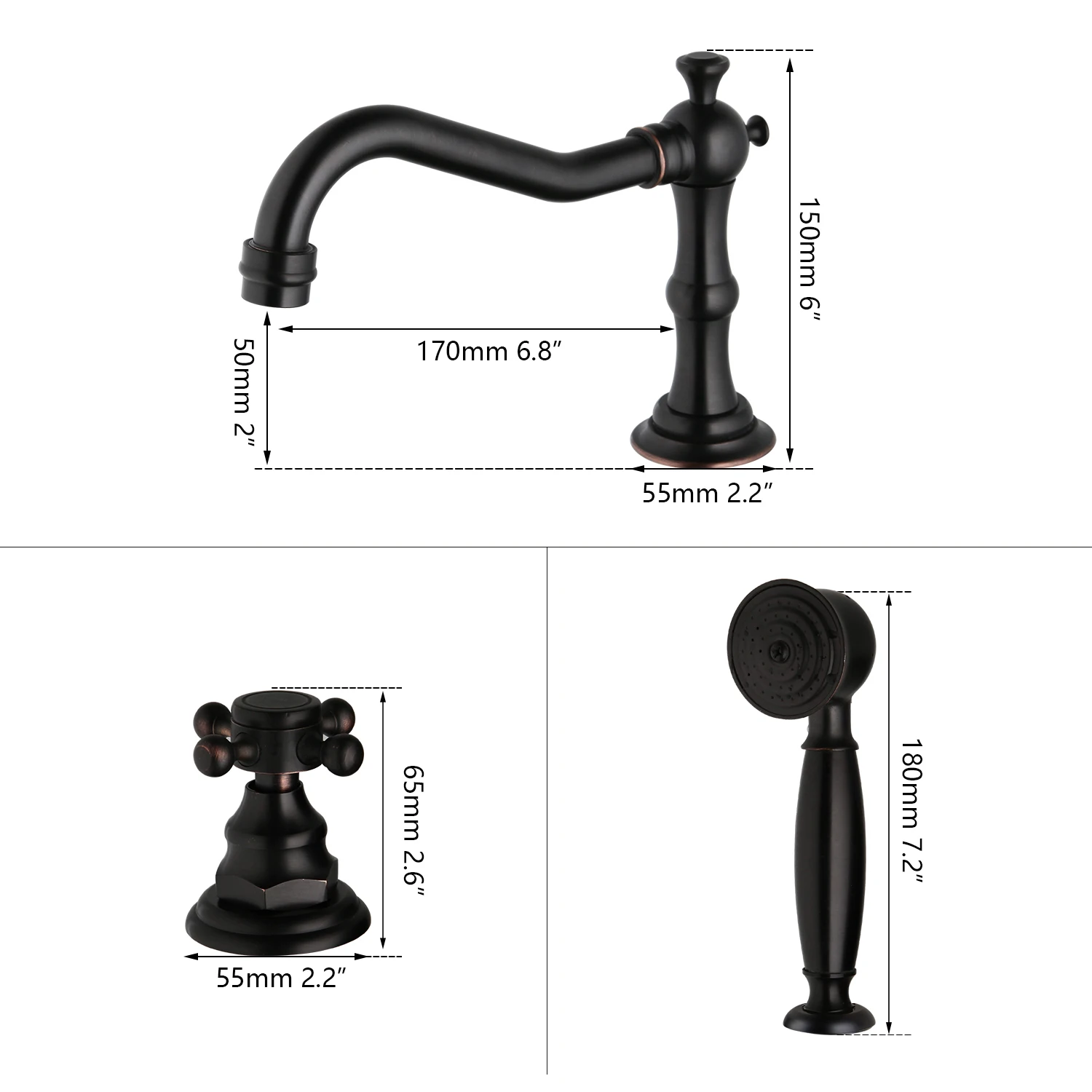 KEMAIDI Solid Brass Bathroom 5 Pcs Bathtub Shower Faucet  Set Deck Mounted 2 Handles ORB Black Bathtub Basin Mixer Faucets