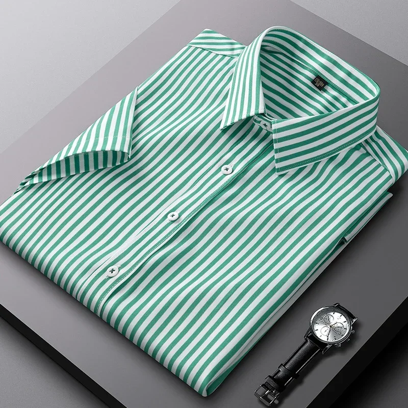 Brand Summer Elasticity Slim-fit Shirts Men Easy-care Casual Striped Shirts Man Business Short Sleeves Men