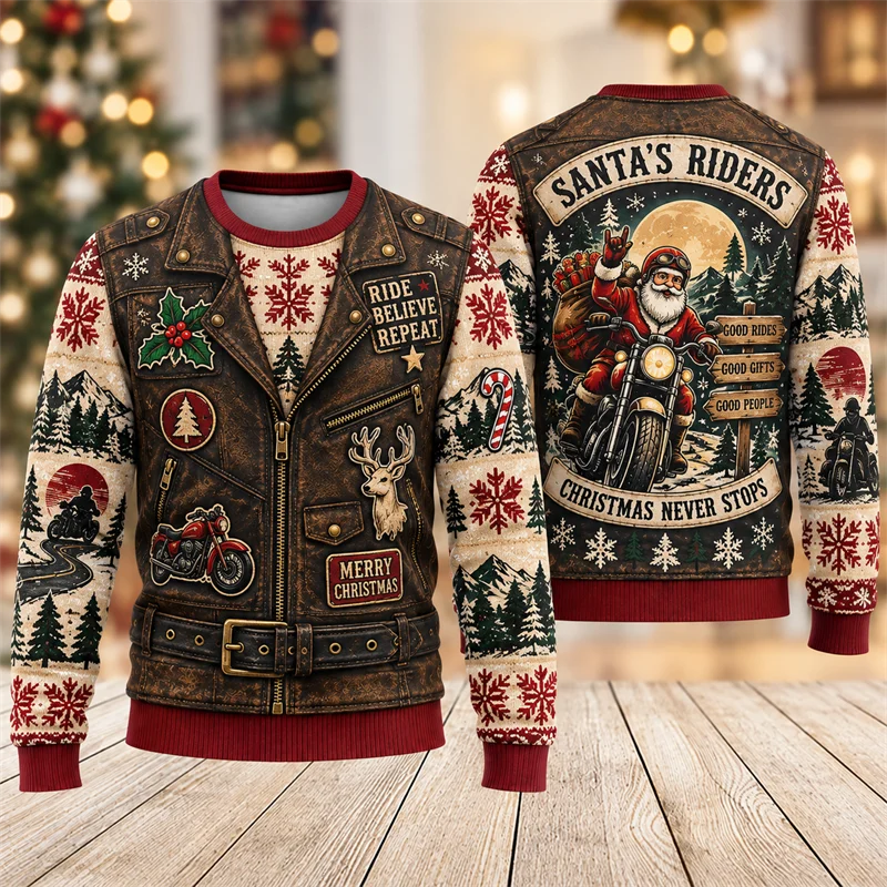 Christmas Biker Sweater Men Santa Motorcycle Vintage Jacket Style Graphic Crewneck Xmas Pullover Holiday Party Streetwear Tops
