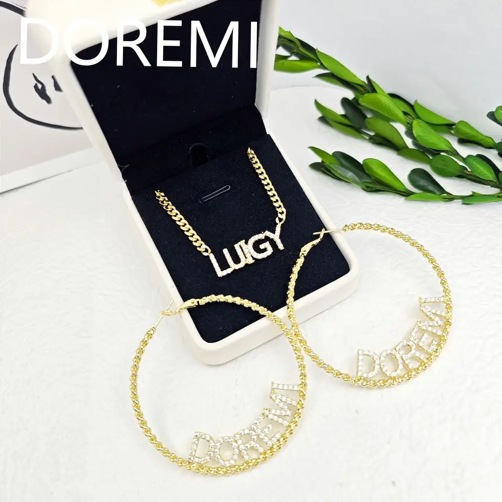 DOREMI Custom Name Personalized 9mm Crystal Initial Letters Twisted Earring Hoop Necklace Jewelry Set