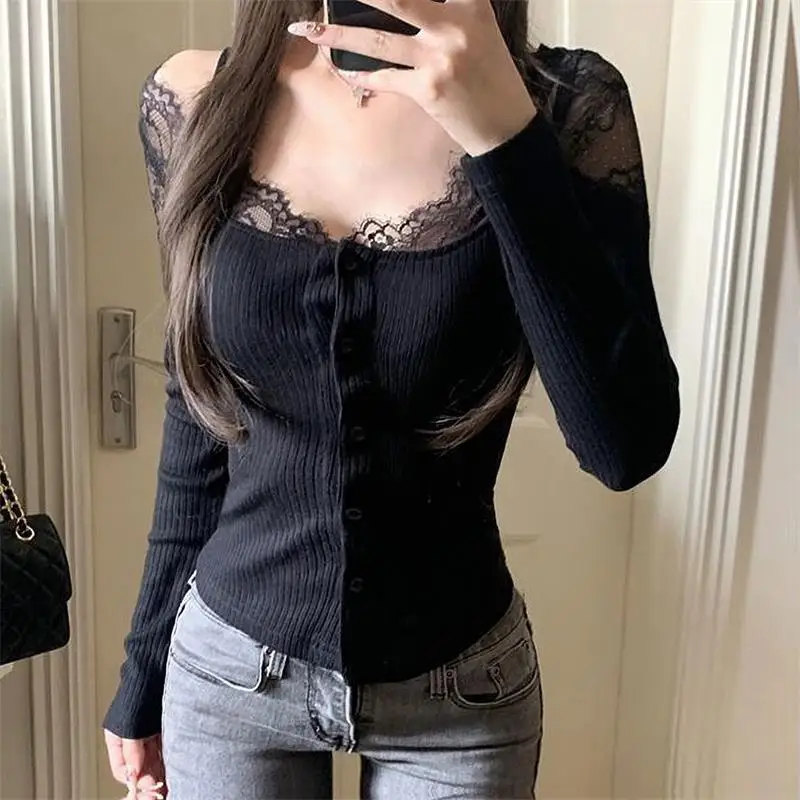 T-shirts for Women Sexy Slim Lace Long Sleeve Lace Patchwork Top White Y2k Fashion Autumn Ladies Clothing Black All-match Tops