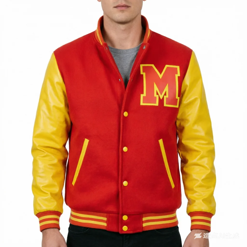 Herren Retro Jacke Michael Jackson Cosplay Rot-Gelb Colorblock Varsity Bomber Cosplay Kostüm Bühnen- und Alltagsoutfit