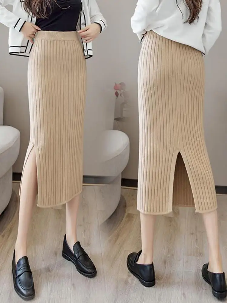 ผู้หญิงลายดินสอ Midi ถักกระโปรงสุภาพสตรีฤดูใบไม้ร่วงฤดูหนาว Warm ตรงยืดหยุ่นเอวสะโพกแยกกระโปรง
