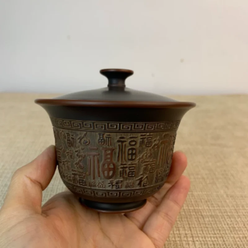 Traditional China Classical Pottery Gaiwan - Hand Carved Relief Baifu, 180ml Tea Cup Tea Table Accessory