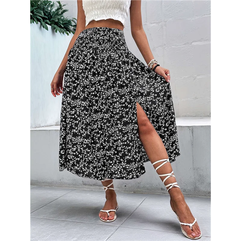 Hot Kf-Women's Print Long Skirts High Waist Split A Line Full Length Maxi Skirt