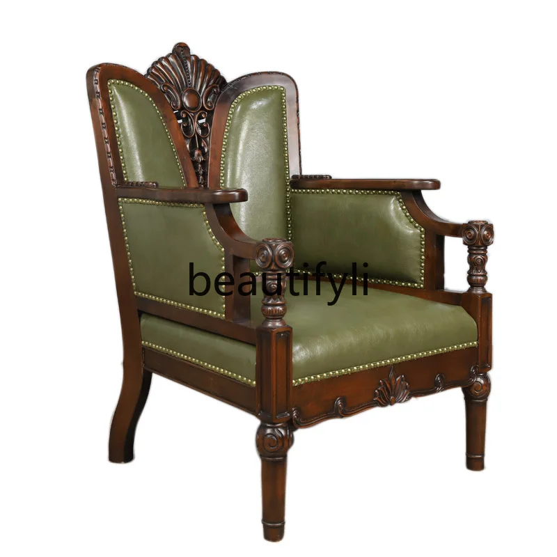 

Old Shanghai modern classic carved solid wood single sofa Renaissance nostalgic decorative leather art living room furniture