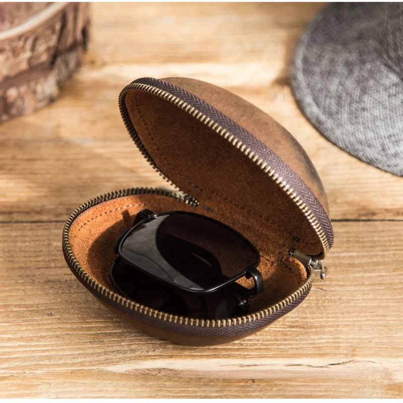 

Creative Folding Sunglasses Case - Retro Genuine Leather Cowhide With Hook And Zipper For Eyewear Storage