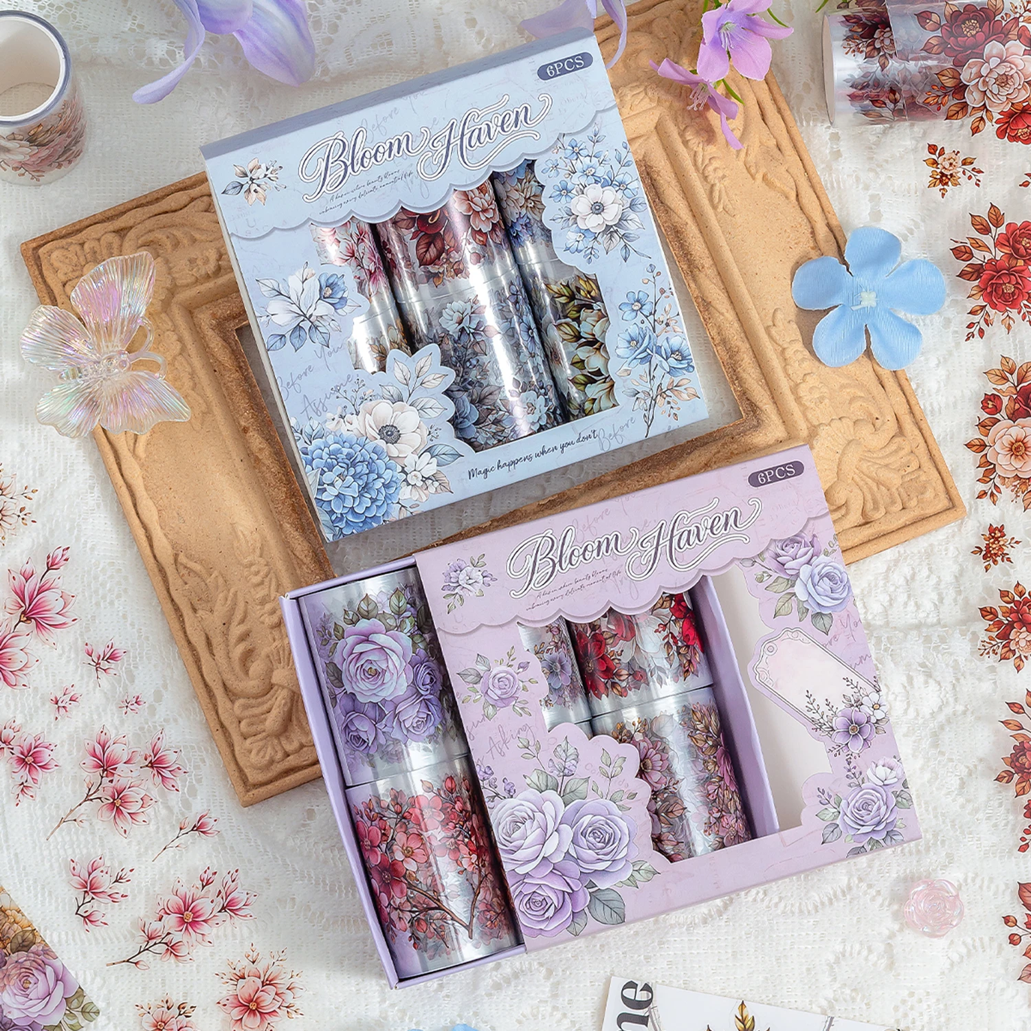 6 Rolls Floral Decorative Pet Tape Sticker Set, Assorted Flower Patterns, Stationery For Diy Journal Planner Scrapbooking