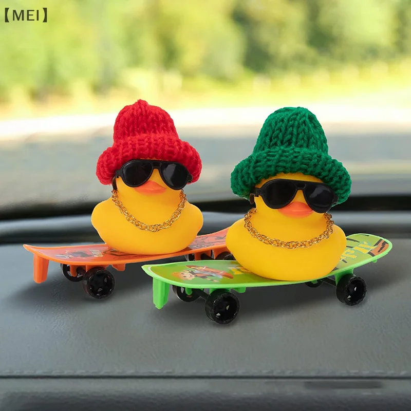 A Rubber Duck Car Ornament With A Cowboy Hat, Glasses, And A Gold AK-47 Necklace - Interior Decoration Of The Vehicle