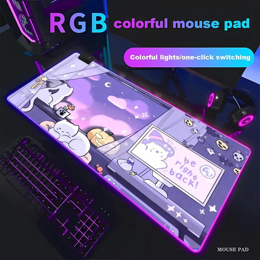 

HYBXAXC Cute white cat and Halloween design Mouse Pad RGB Gaming Mouse Pad HD Gamer Large LED Light XXL PC Computer Non-slip