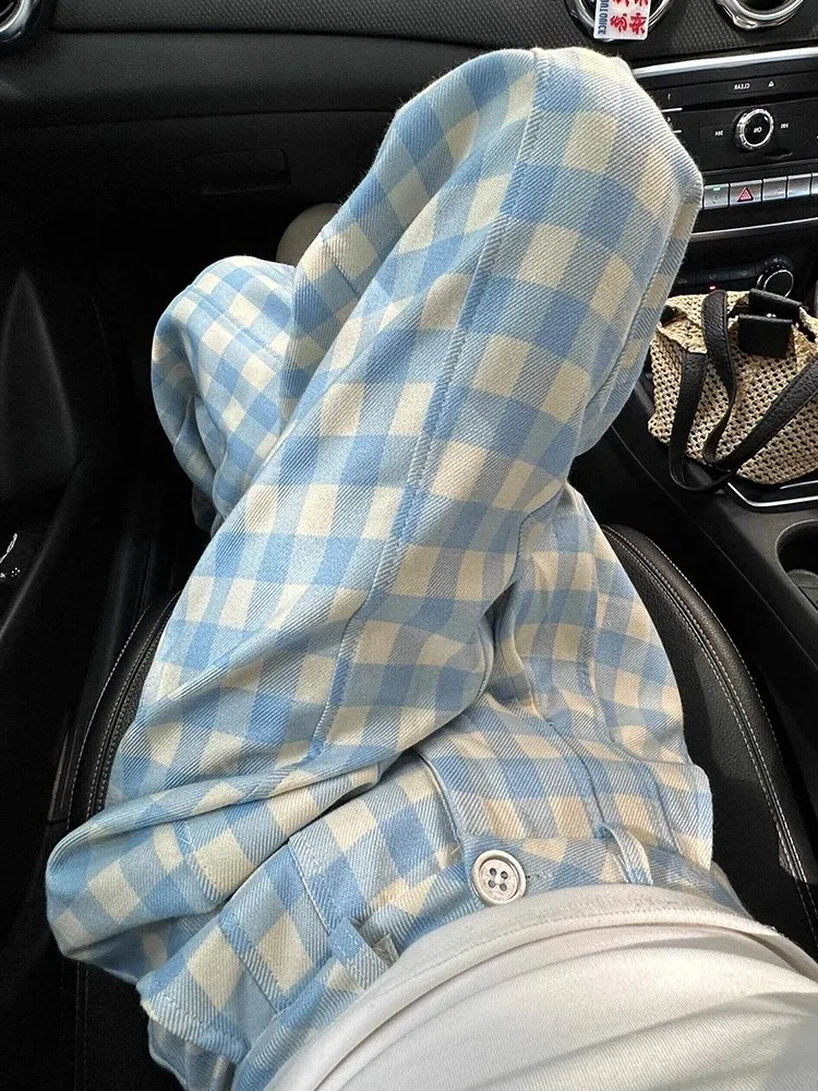 Koreańskie spodnie damskie w niebieską kratę, z wysokim stanem, szerokimi nogawkami, lekkie, letnie, modne, luźny krój.