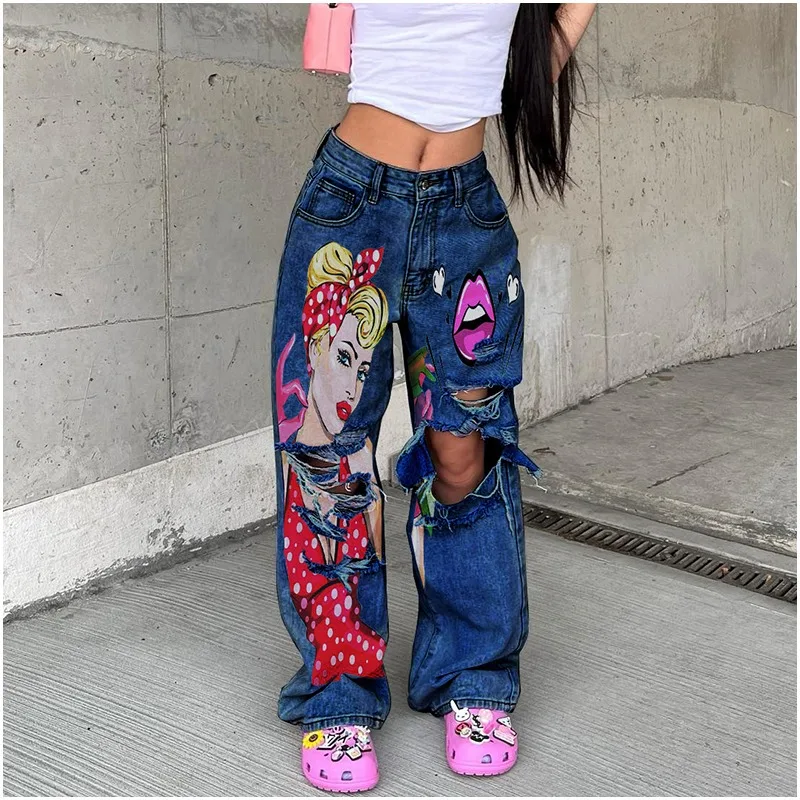 Retro Washed High Waist Wide Leg Jeans Women 2023 Fashion New Product Personalized Print Hollow Hole Straight Leg Trousers