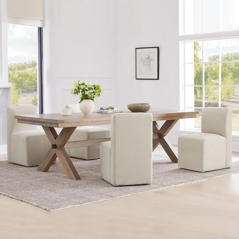 

Set of 4 Upholstered Dining Chairs with Casters, Rolling Chairs for Living Room, Bedroom, or Reading Room, Linen Fabric