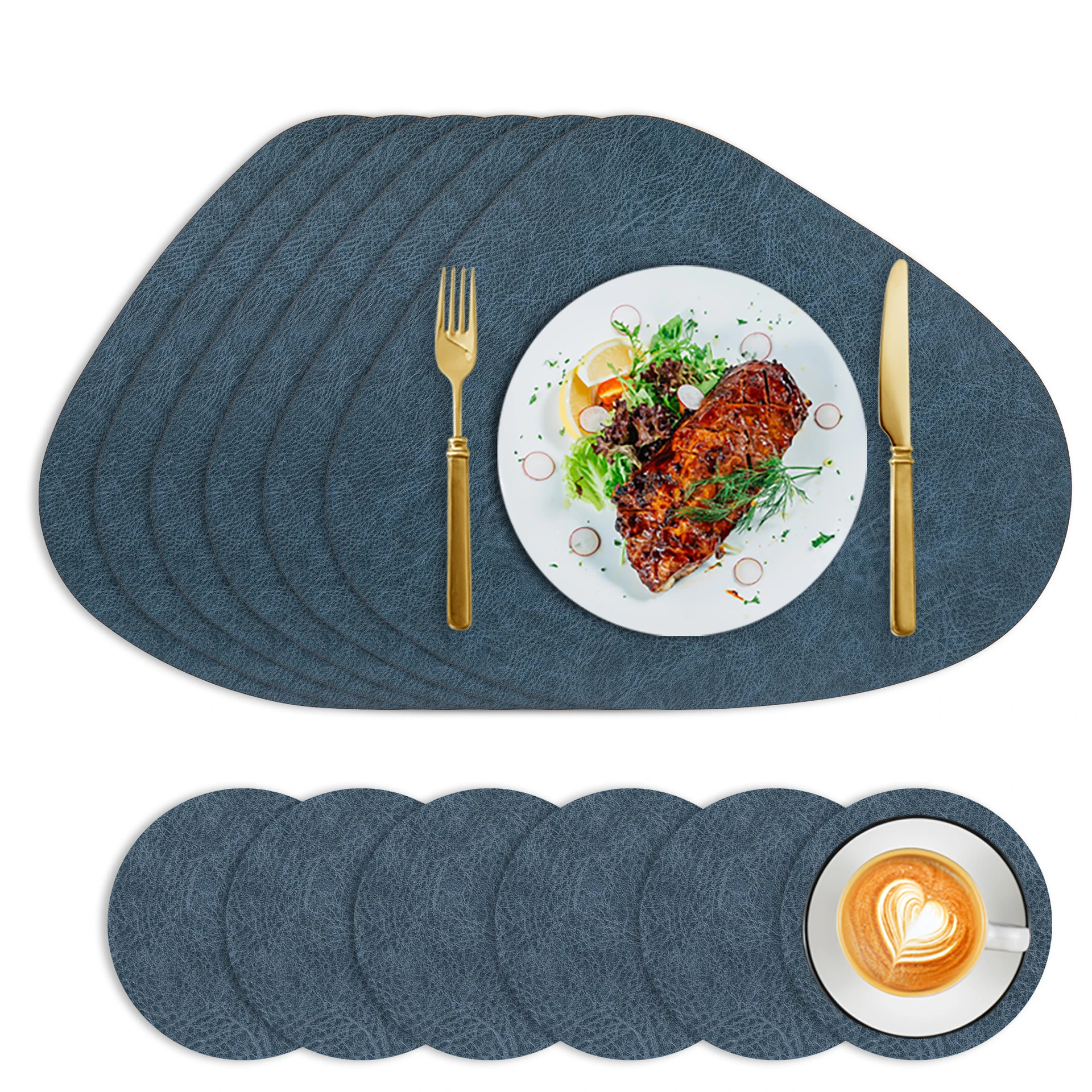 Double-Sided Nordic PU Placemat & Coaster Set - Teardrop 42.5x34cm+Round 10cm,Waterproof Oil-Proof Non-Slip Table Mat(1/10 Sets)