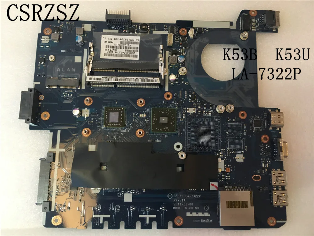 Mainboard For ASUS K53U K53B Notebook PC Mainboard PBL60 LA-7322P Tested