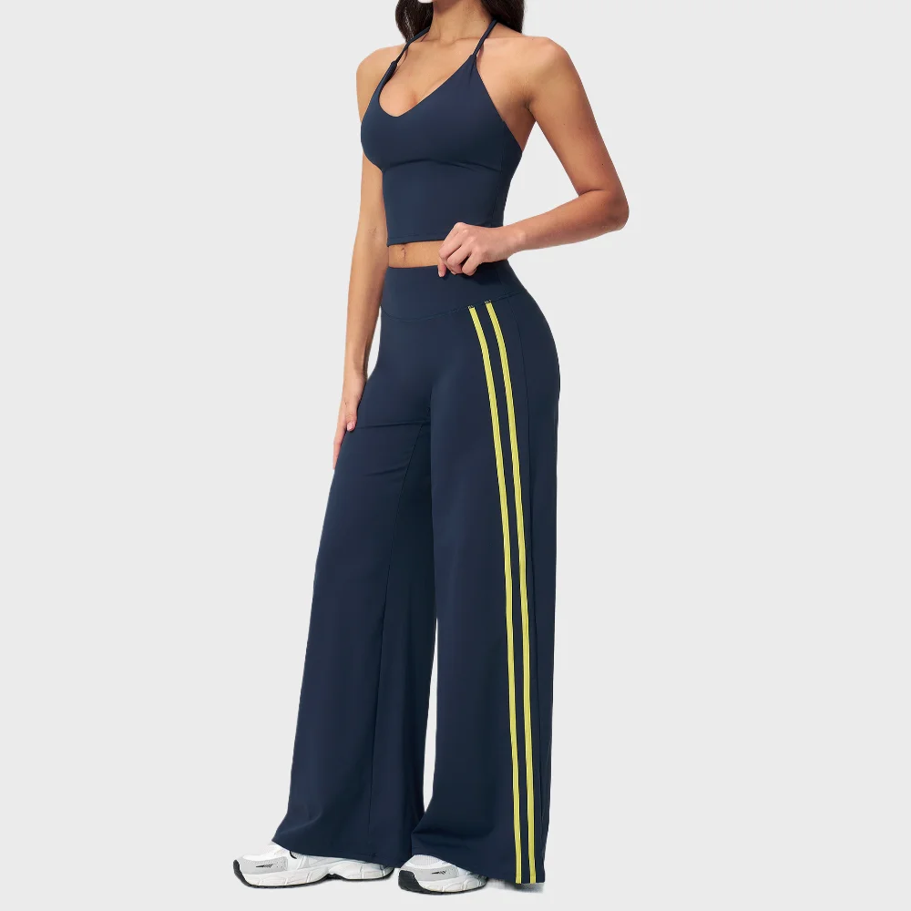 Women Halter Top Yoga Set Tracksuit V Neck Y‑Back Sportswear Suit Side Stripe Wide Leg Pants Gym Clothing 2 Piece Workout Outfit