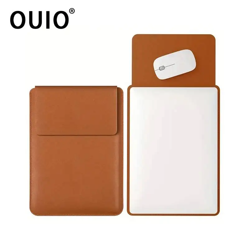 OUIO Faux Leather Laptop Sleeve Bag 13-15.6 Inch Foldable Notebook Protective Case With Mouse Storage Pocket Extra Mouse Pocket