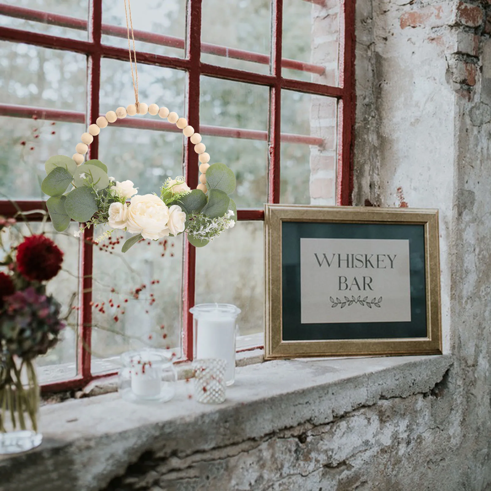 

Wood Bead Garland Fake Flowers Rustic Romantic Wedding Valentine Home Office Festival Decorative Beaded Garland