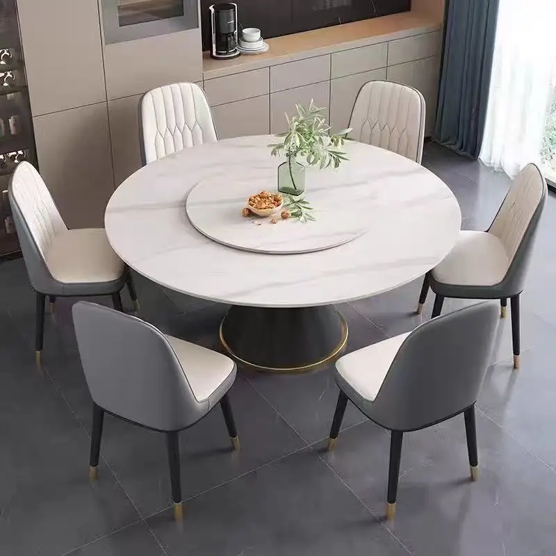 

Italian high-end rock slab dining table and chair combination, modern simplicity, light luxury marble round table with turntable