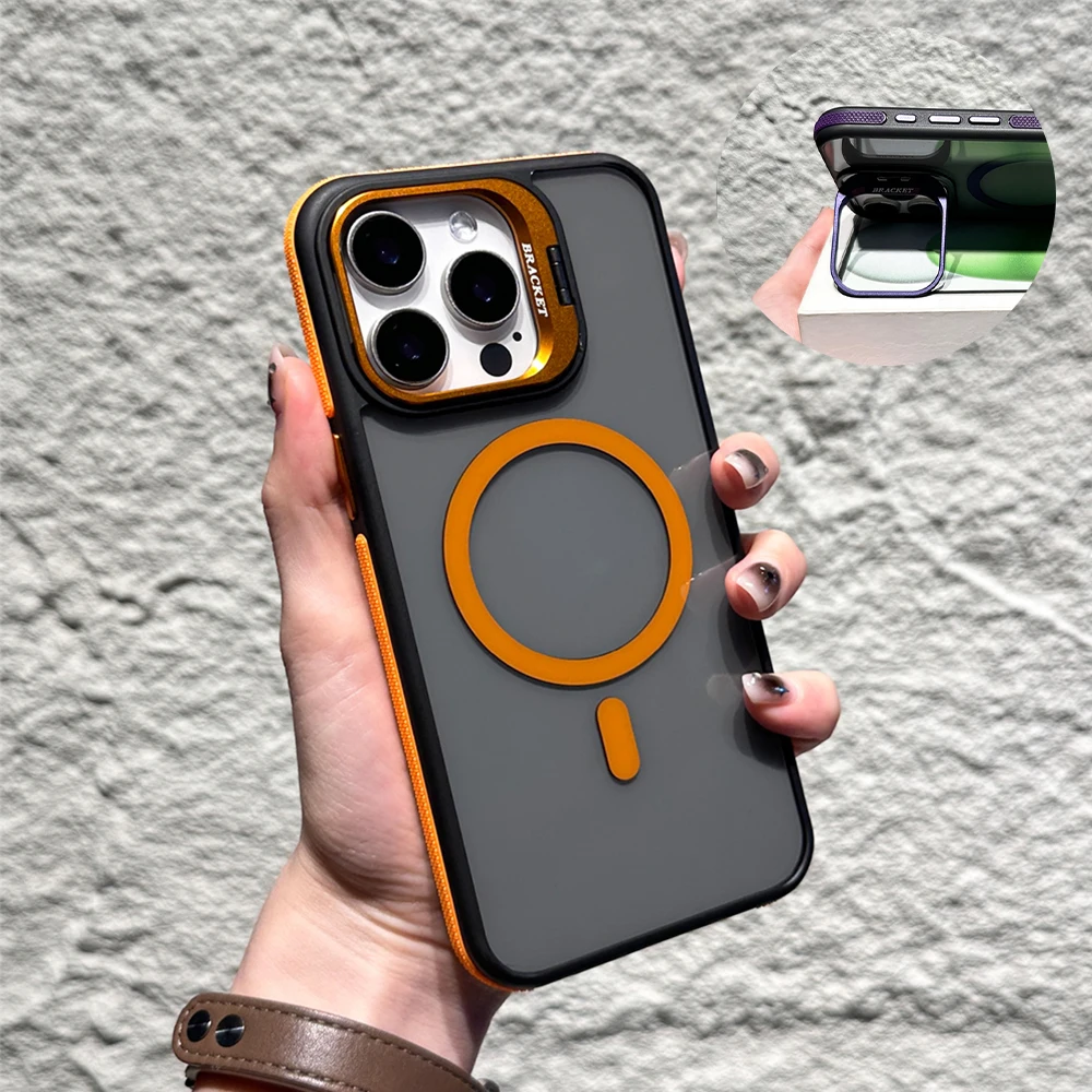 Clear For Magsafe Lens Folding Stand Magnetic Phone Case For iPhone 16 15 14 Plus 13 12 11 Pro Max Non-slip Frame Protective Cap