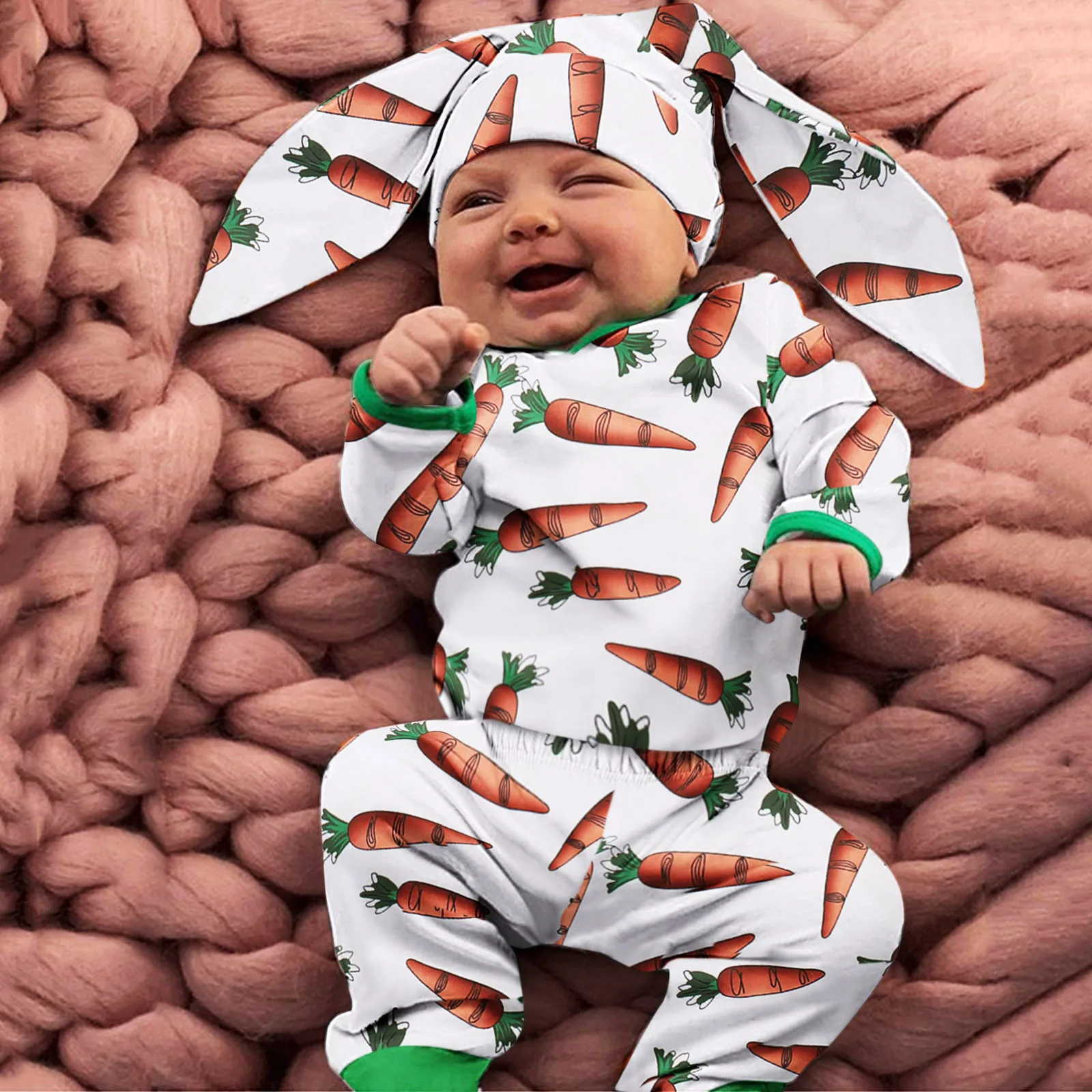 3-18M Infant Baby Boys Girls Long Sleeve Rompers Easter Cartoon Carrot Printed Romper Bodysuit Pants Rabbit Ears Hat Outfits