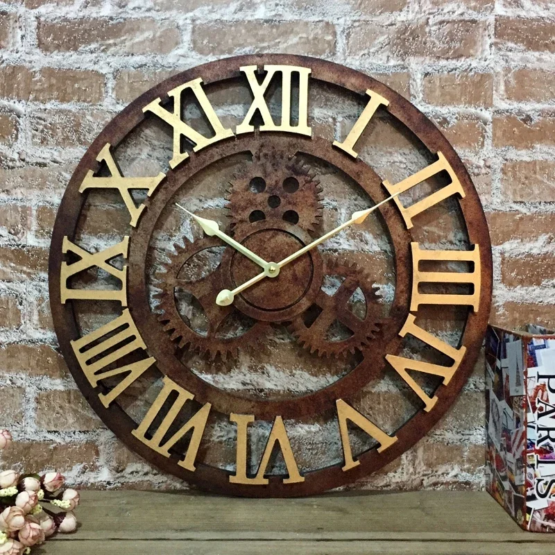 Large Artistic Wooden Wall Clock Retro Round Frame Silent Non Ticking Analog Clock for Living Room Office Home Deco