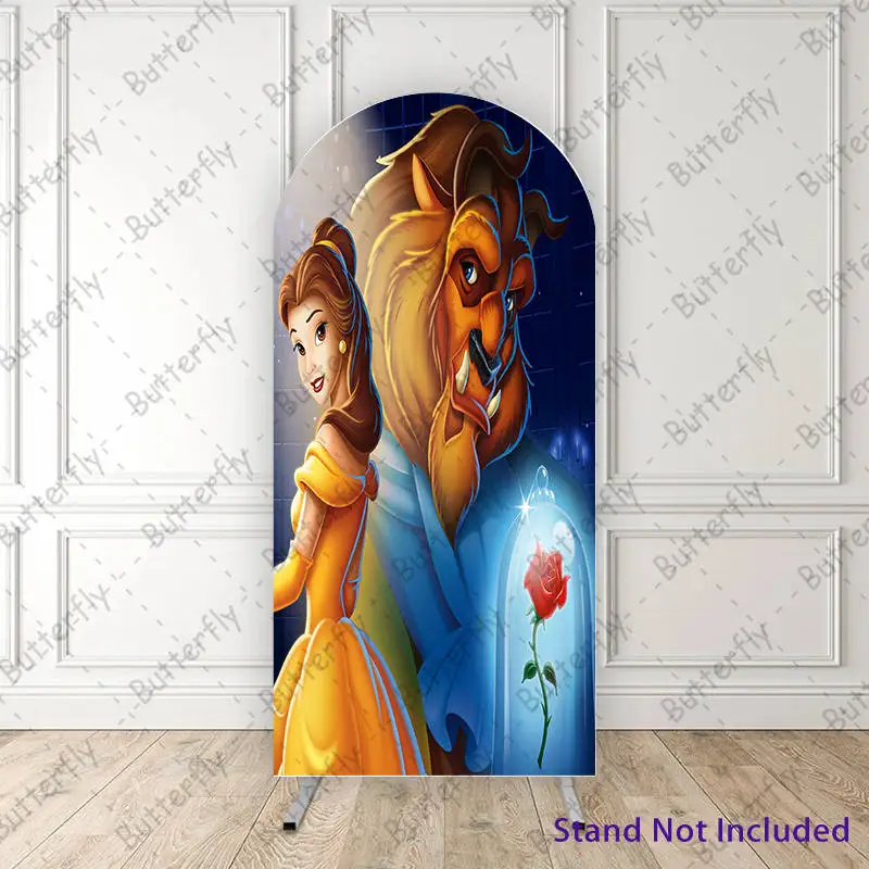 

Cute Belle Princess Adam Red Rose Beauty And The Beast Disney Arch Backdrop Cover Girls Birthday Party Background Decoration