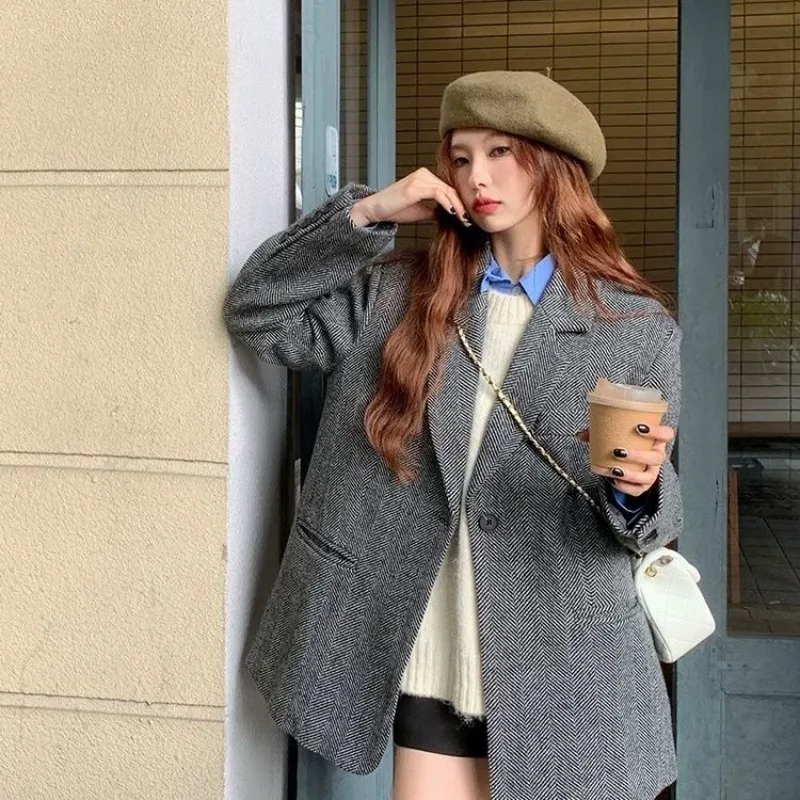 

YYAHAHAS Grey Fashion Suit Woolen Coat Wool 2025 Loose Autumn and Winter High-end New Thick Coat Female Clothing