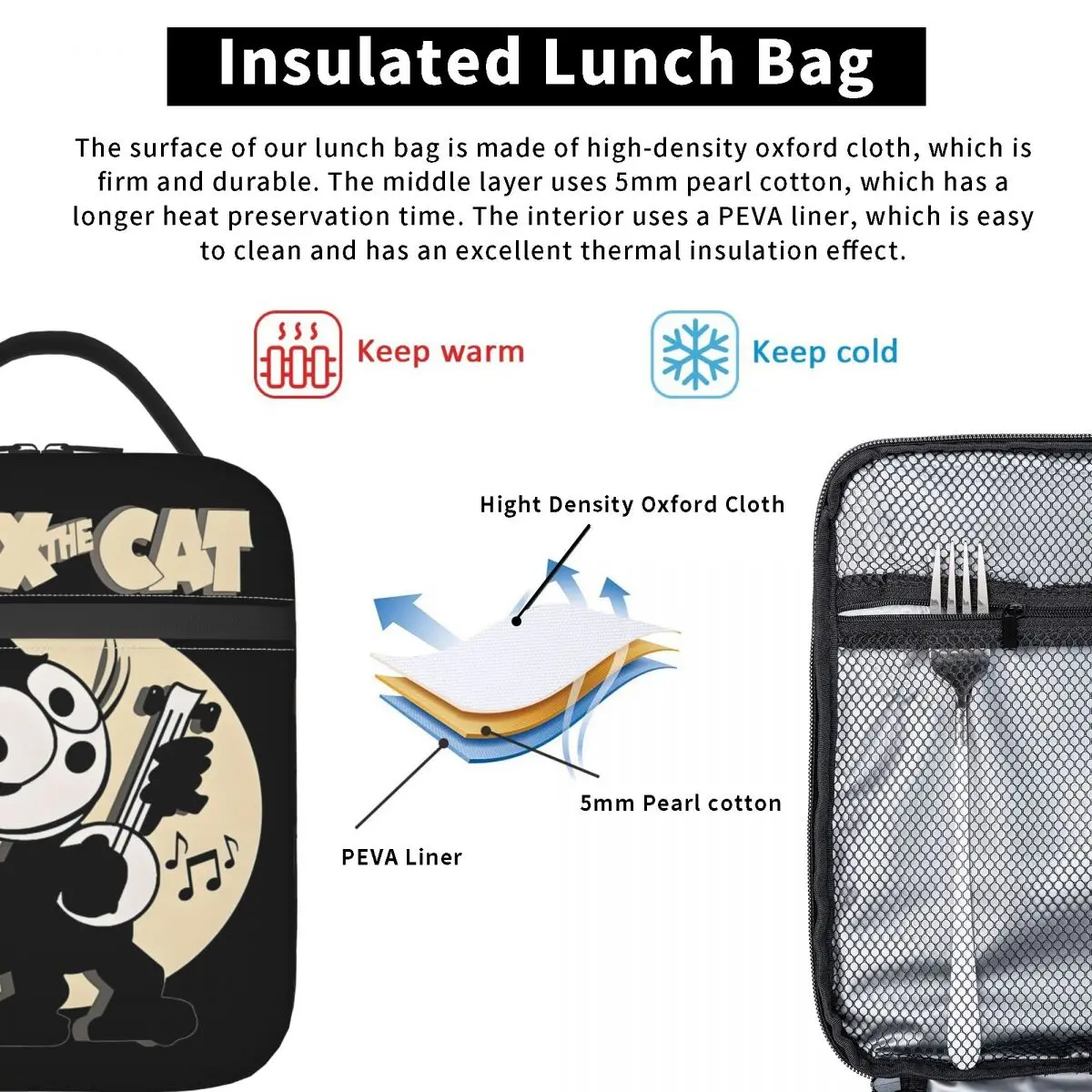 فيليكس القط ذا روك ستار الحرارية معزول حقيبة الغداء مضحك الكرتون أنيمي المحمولة حقيبة الغداء للتخييم في الهواء الطلق عبوة طعام #4