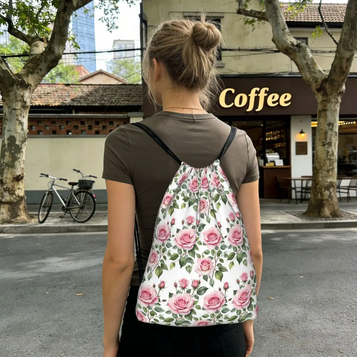Pink Rose Botanical Garden Watercolor Backpacks Multi-function Drawstring Bundle Pocket Sports Bag Book Bags for Man Woman