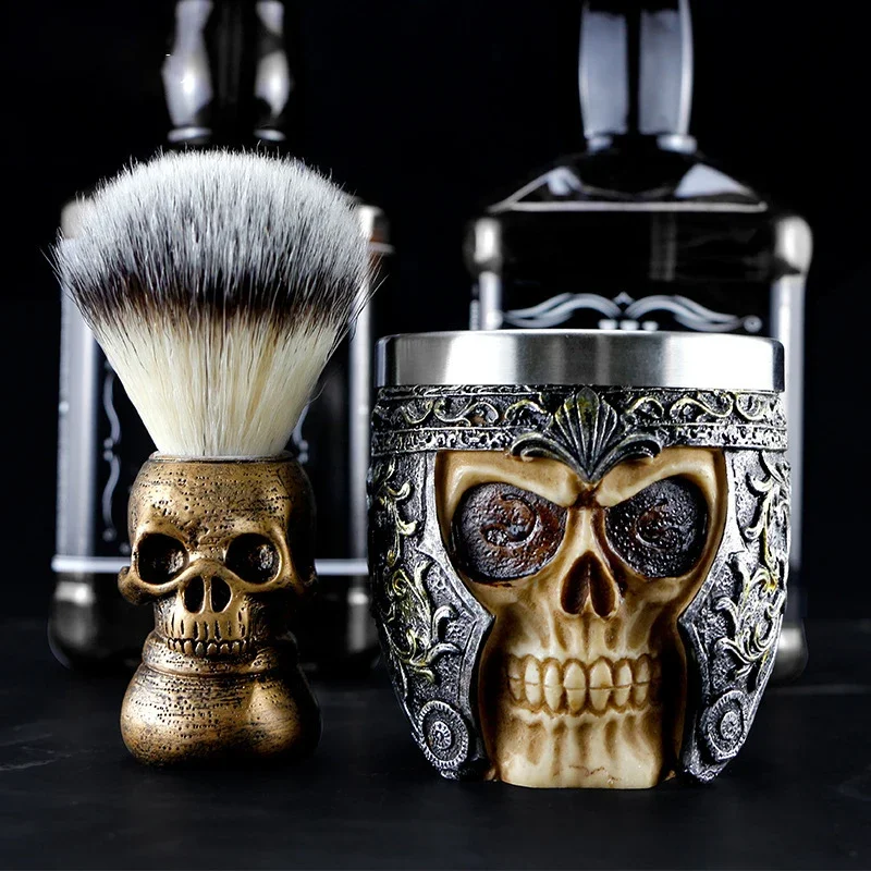 Skull Head Shaving Brush Barbershop Beard Brush Shaver Bowl Kits Men Barber Salon Supplies Beard Shaving Set Barber Accessories