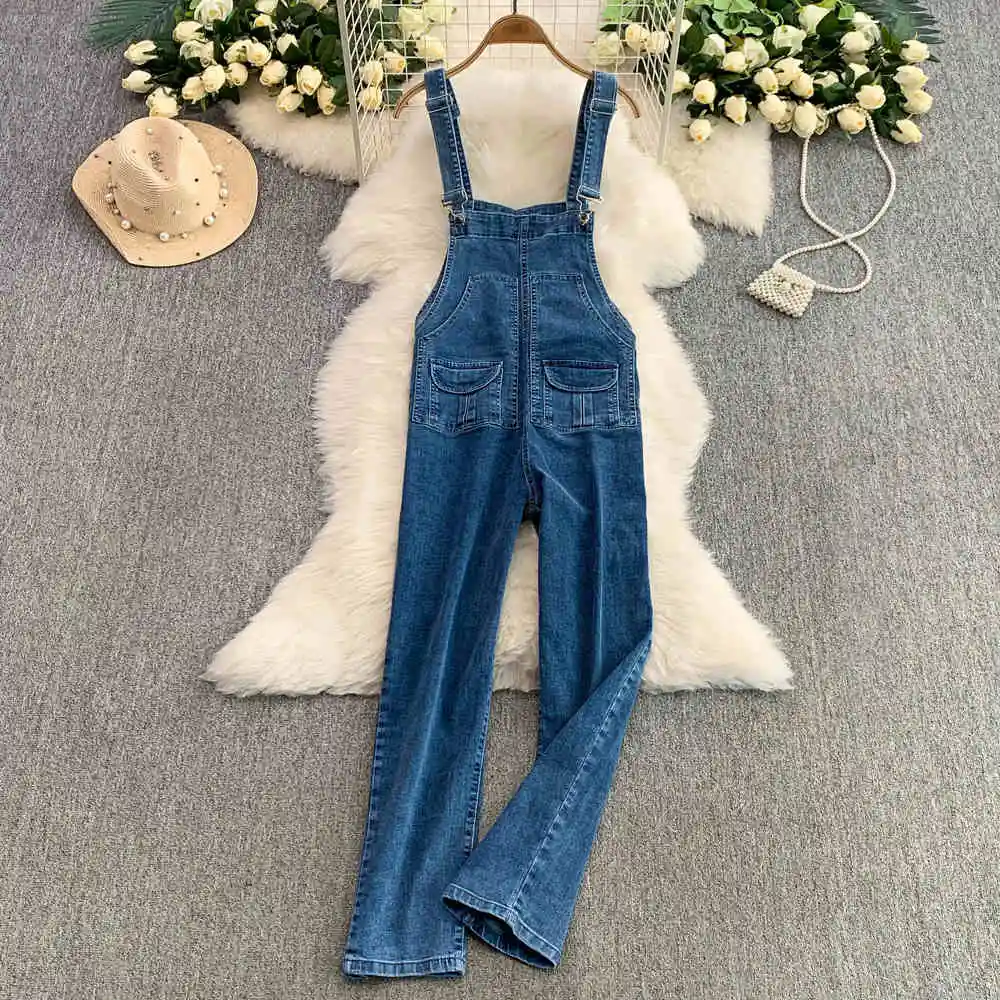 

Fashion Denim Strap Pants Summer Women's Elastic High Waist Slim Fit Blue Jeans Design Sense Pocket Denim Trousers