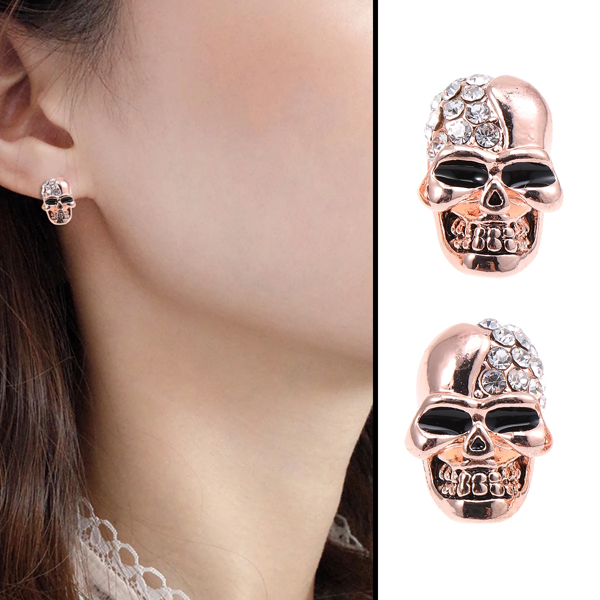 

Skull Stud Earrings Women Dangler Hip Hop Halloween Jewelry Decor Golden and