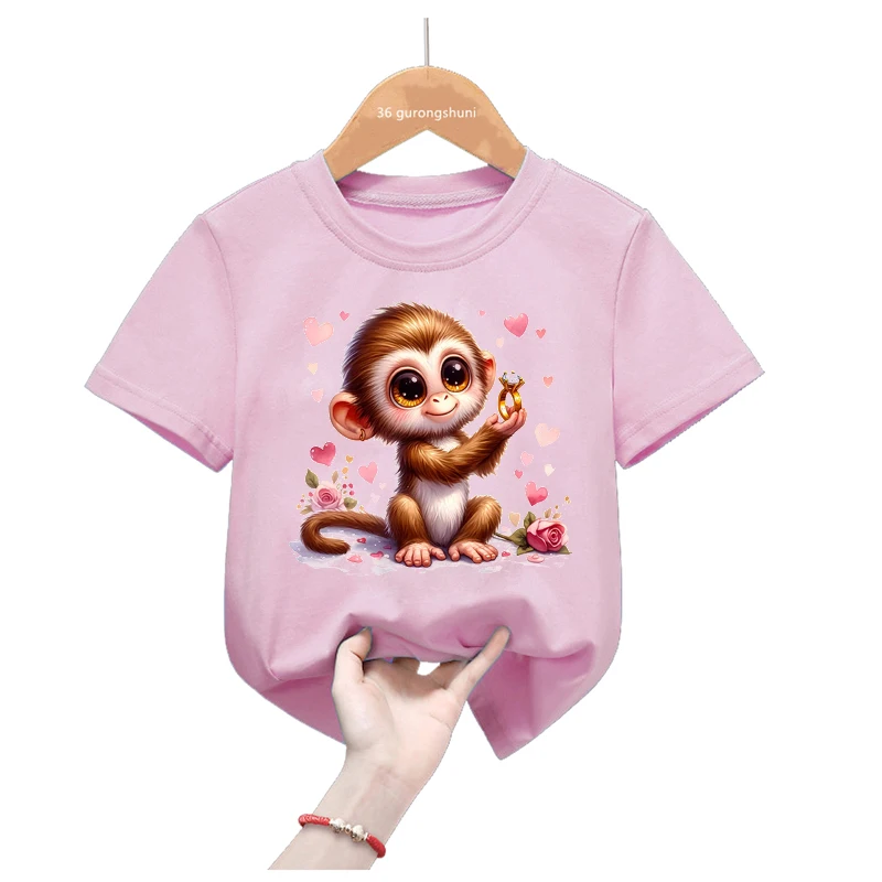 2024 Hot Sale Monkey Loves Rose Print Pink T Shirt For Girls Harajuku Kawaii Kids Clothes Birthday Gift Tshirt Sammer T-Shirt