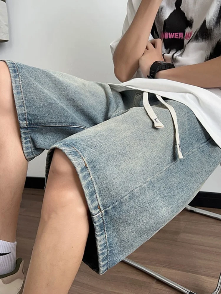 

Men's Summer Thin Wide Leg Jeans orts Casual High Street Sle Loose Fit Five Tenths Pants Youth Wear Lightweight Denim