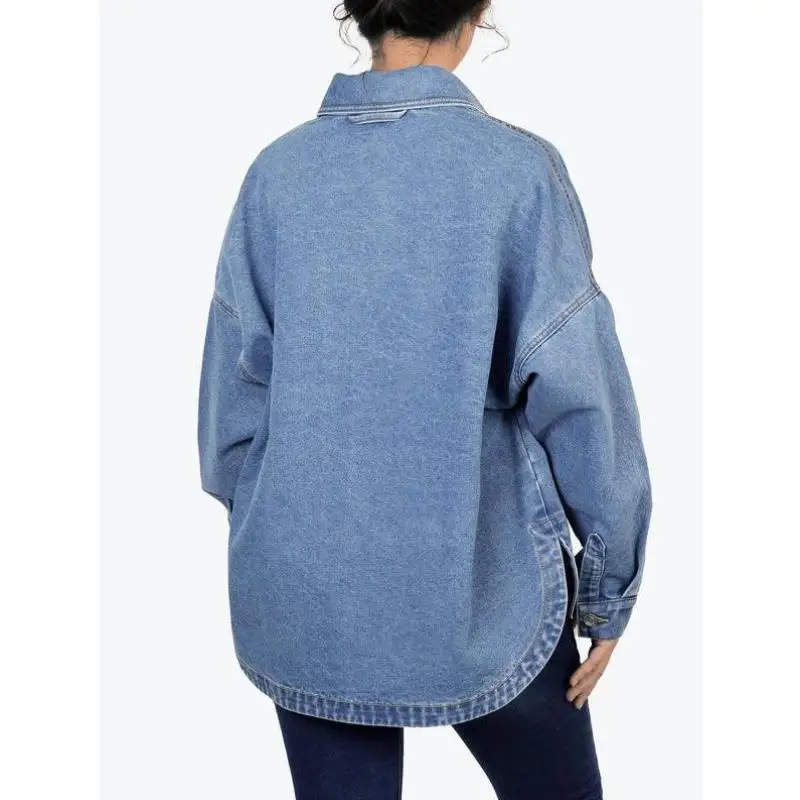 

Women's Pure Color Button Front oulder Arc Hem Denim Jaet K 53408 TEMU Thiened PU Leather Sve Ciwalk Sle