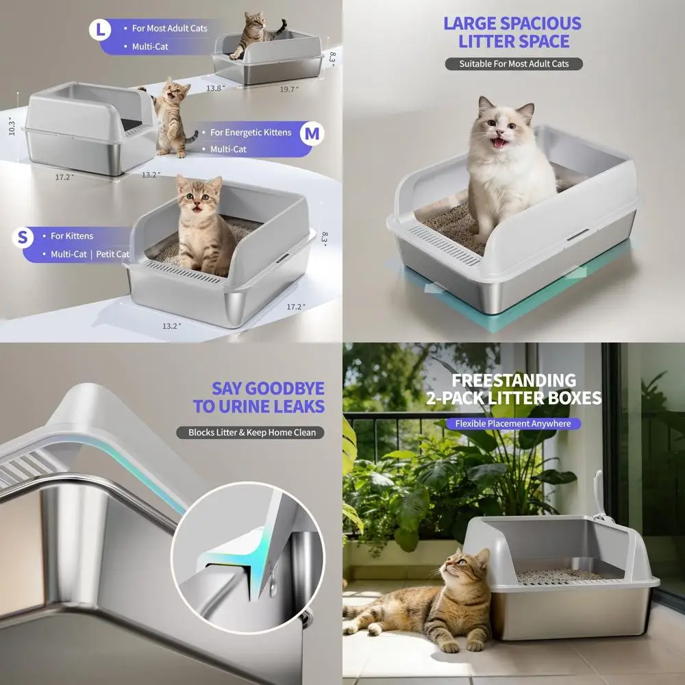 

Двойные лотки для кошек из нержавеющей стали с крышками для крупных кошек, для домов с несколькими кошками, с высокими бортиками, герметичные, легко моются, не прилипают к поверхности.